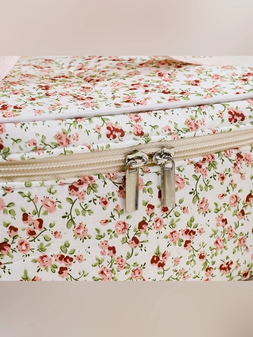Floral print makeup bag suitable for travel and daily use.